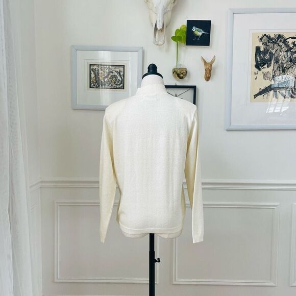 Vintage Alfred Dunner Petite Ivory Mock Neck Knit Top Beaded Leaves Subtle Green - Picture 2 of 8